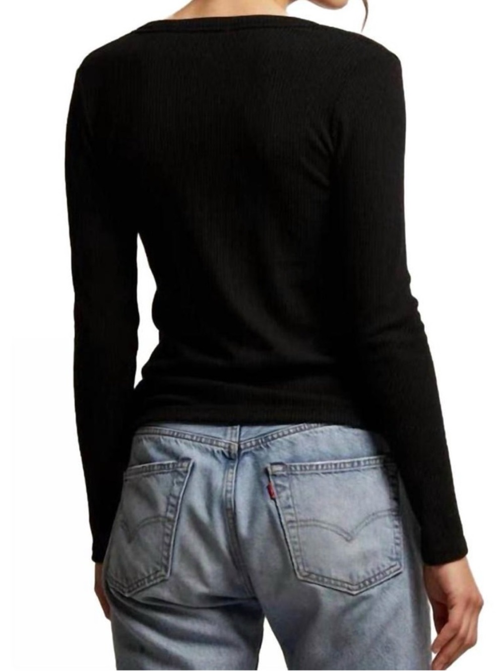 Perfectwhitetee Evangeline Henley long sleeve ribbed top black size small - Picture 2 of 10